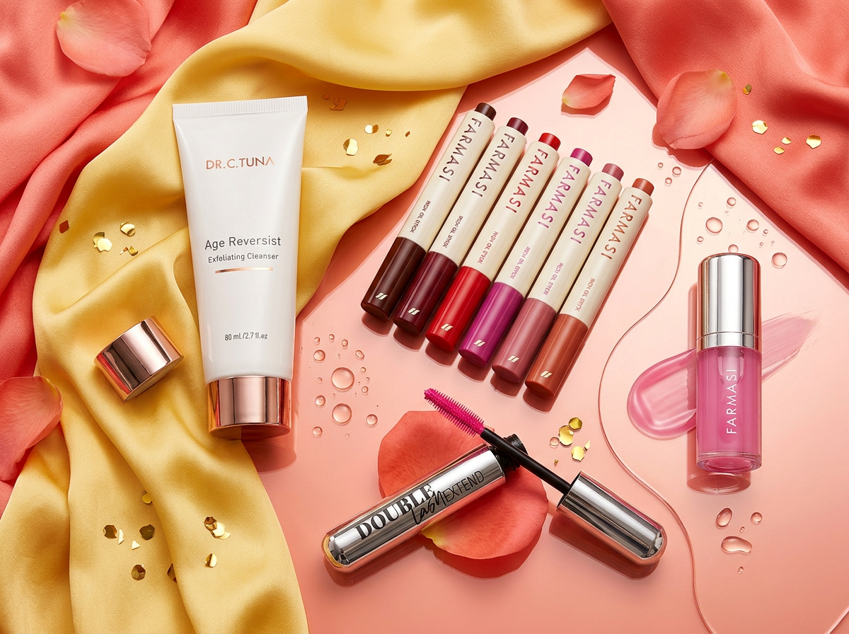 Luxury summer beauty flatlay with Farmasi lipsticks, lip oil, mascara and Dr. C. Tuna cleanser